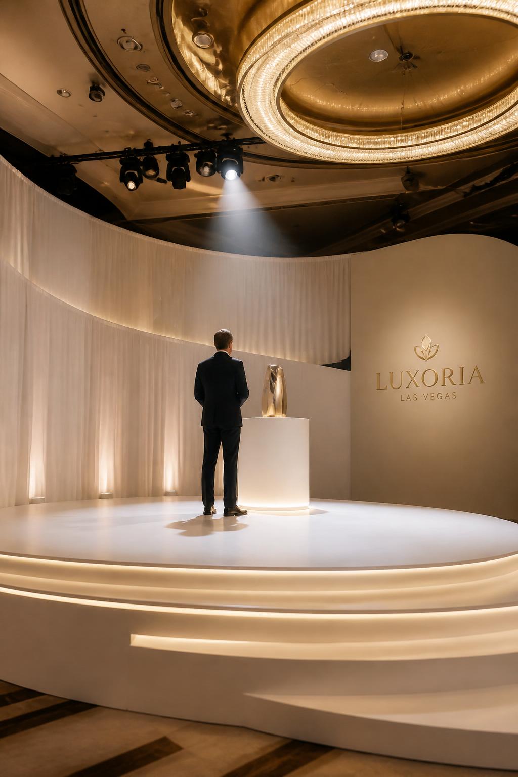 A single presenter stands on a sculptural stage during a beauty brand product launch, with dramatic uplighting and a sleek modern backdrop.