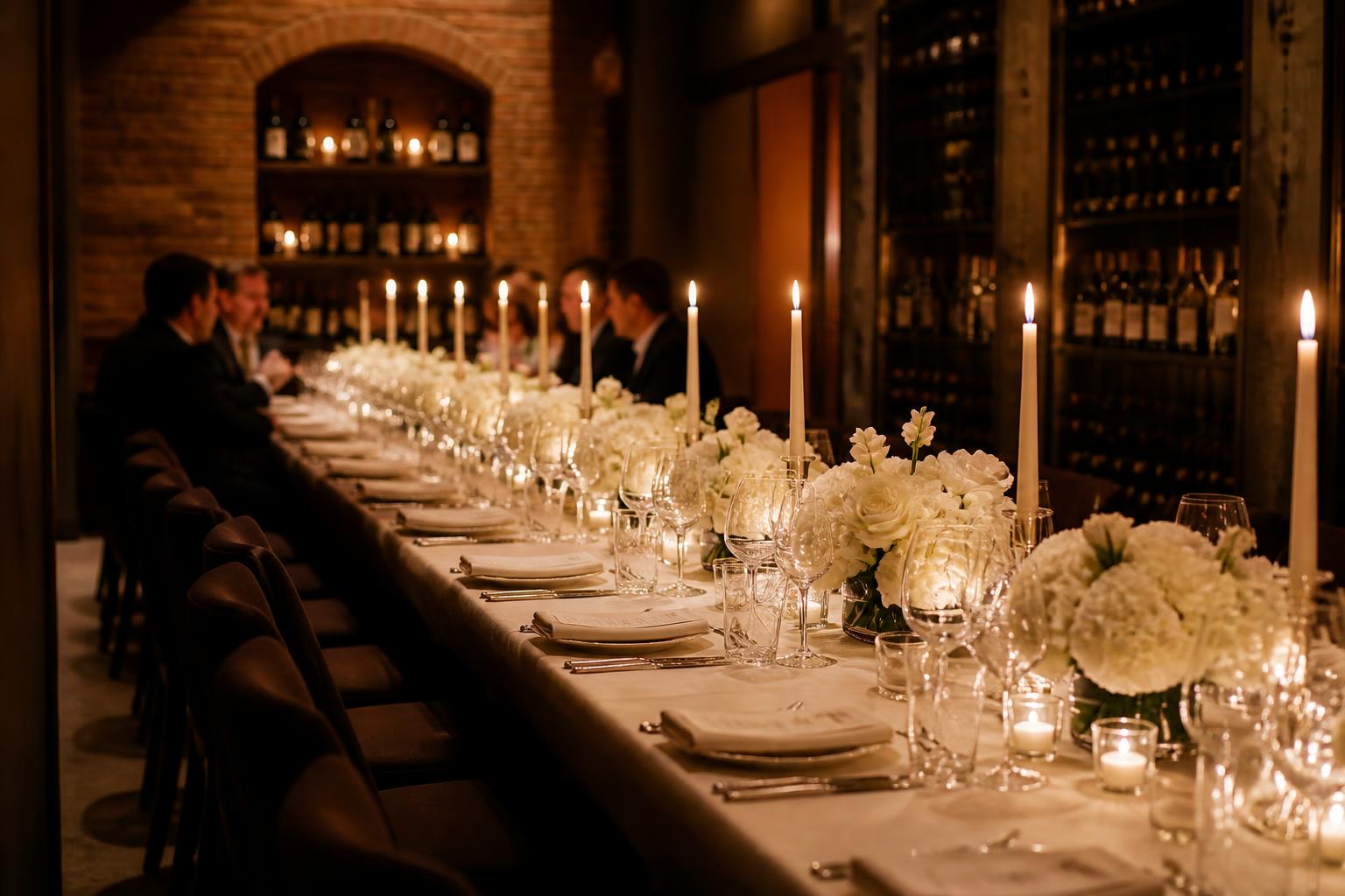 An intimate candlelit dinner table set for 24 guests in a private wine room, featuring fine crystal glassware and warm ambient lighting.
