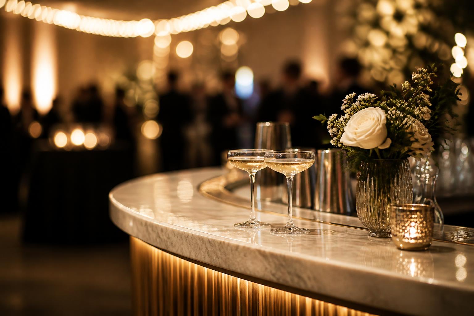 A marble cocktail bar illuminated by warm pendant lights, with guests blurred into soft bokeh during a corporate welcome reception.