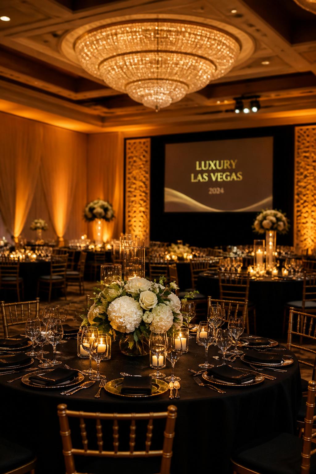 An empty grand ballroom set for a black-tie gala, featuring tall white floral arrangements, amber uplighting, and rows of gold chiavari chairs.