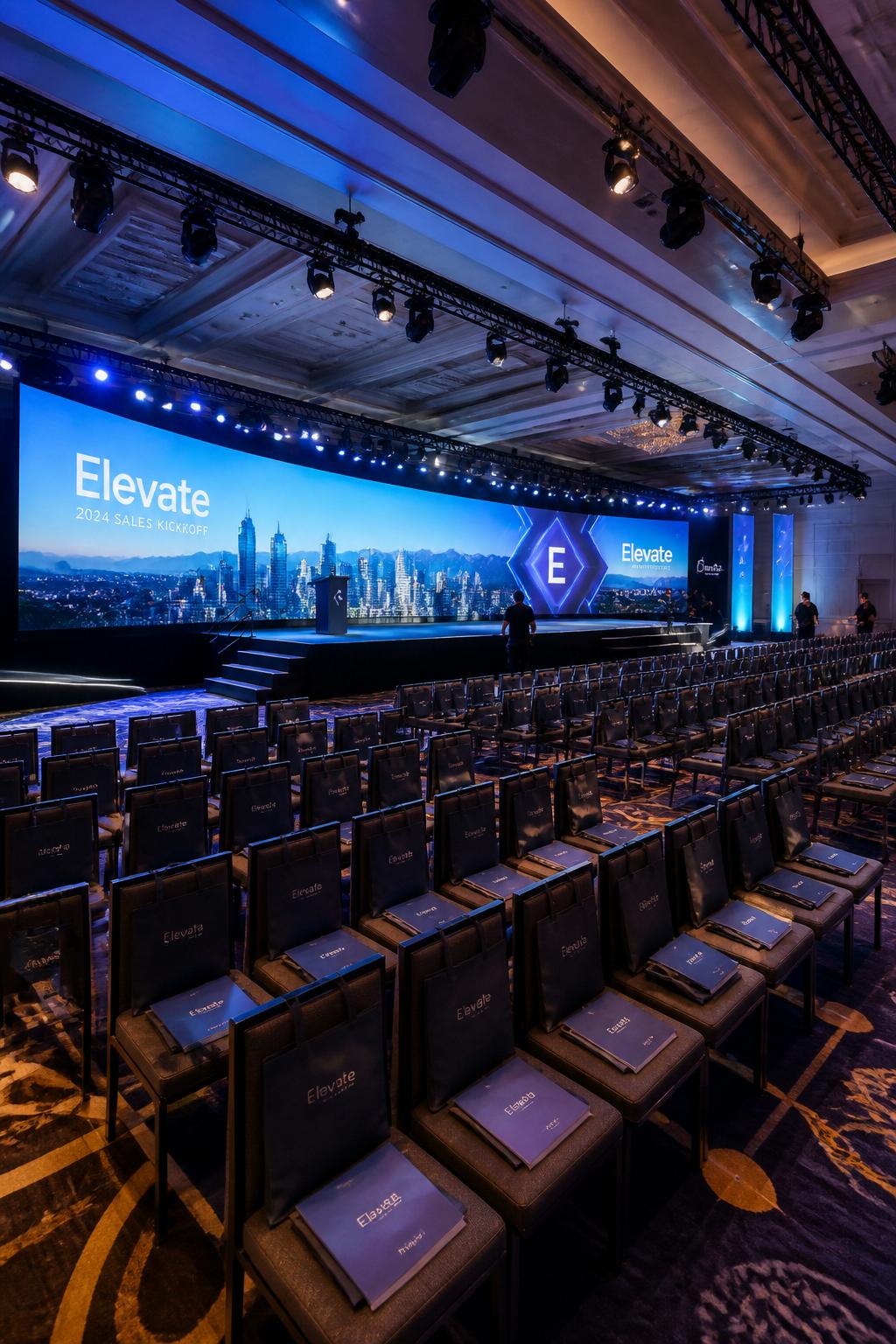 A massive curved LED wall dominates the stage of a national sales kickoff event, with rows of theater-style seating and full AV production rigging.