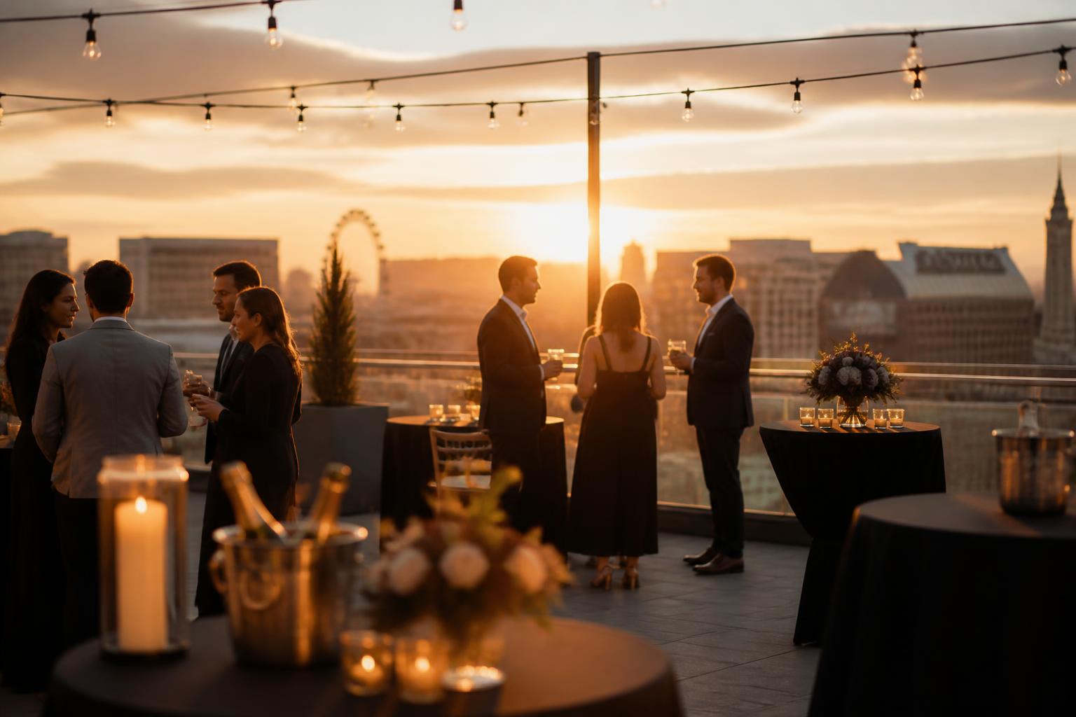 A company holiday celebration on a Las Vegas Strip-view rooftop at golden hour, with cocktail service and sparkling city lights beyond the terrace.