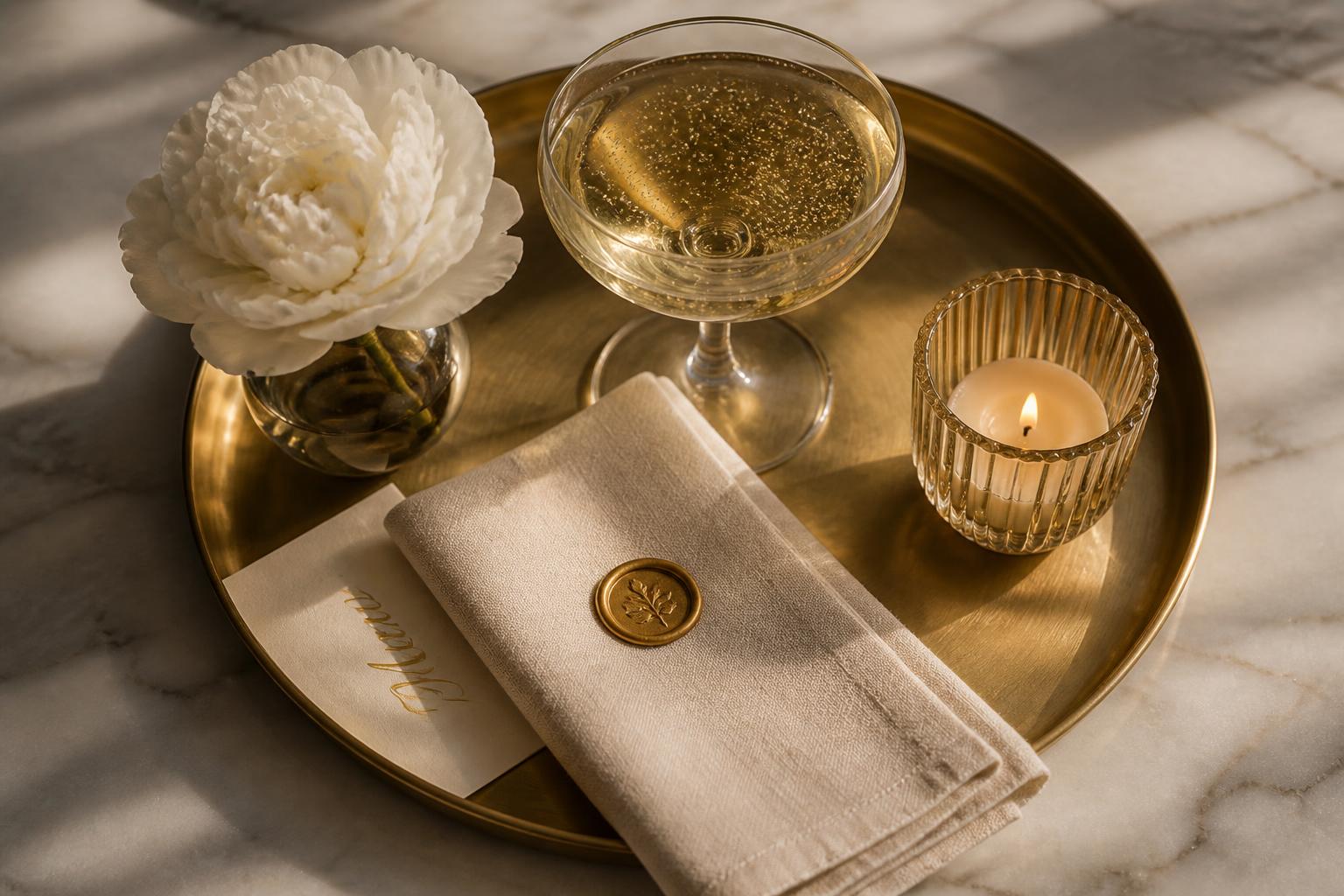 Close-up of a champagne coupe pour beside a blush peony arrangement resting on a brushed brass tray at a luxury corporate event.
